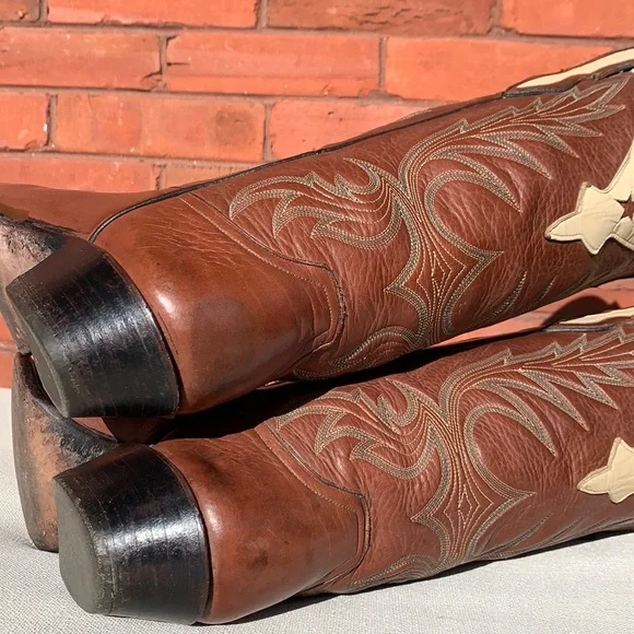 LARRY MAHAN Vintage Star Inlay Tall Mid-Calf Brown Leather Cowgirl Western Boots - Picture 10 of 13